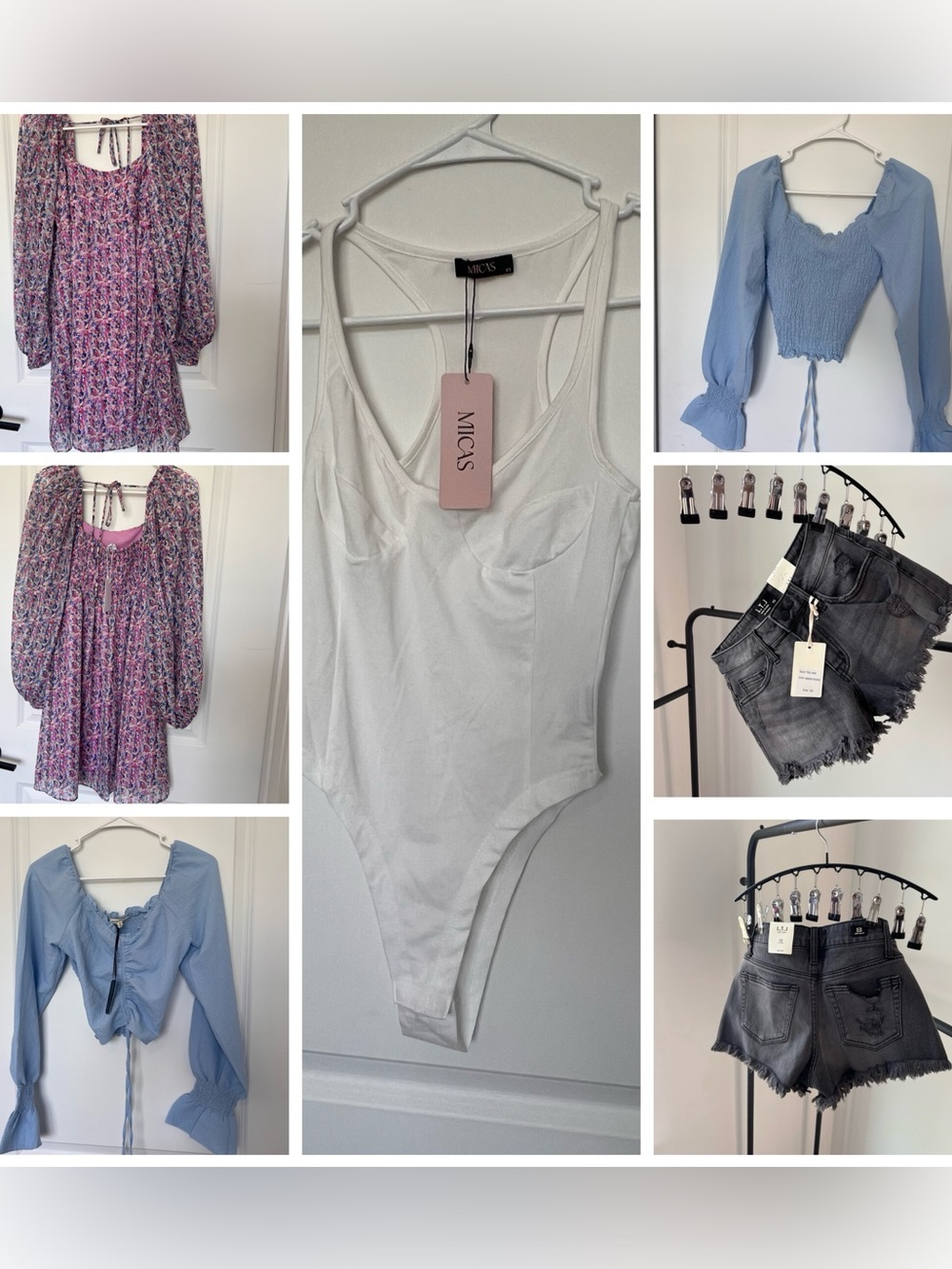 XS 4 Piece Bundle NWT MSRP $150 Denim Shorts, White Bodysuit, Blue Crop & Dress!